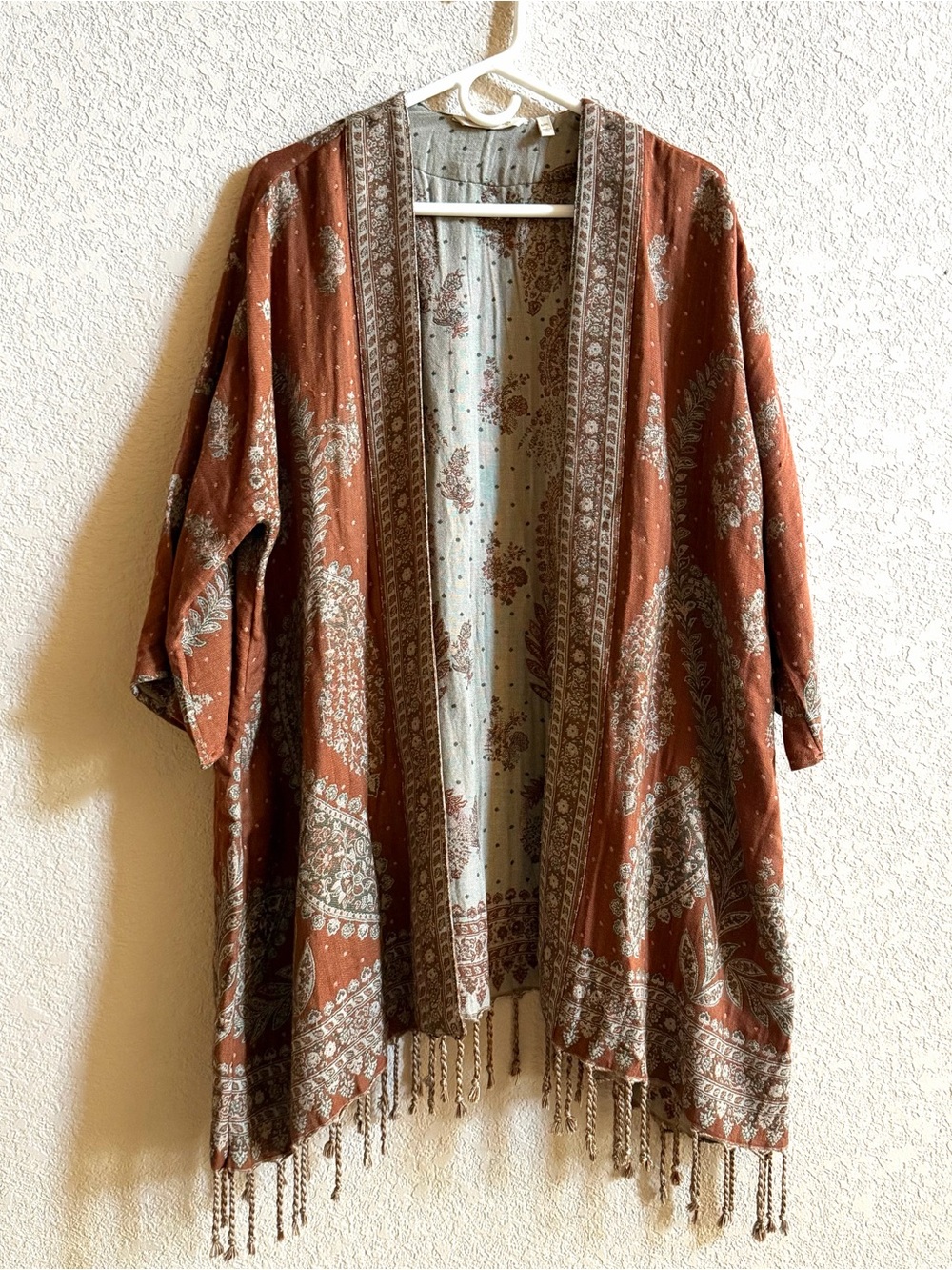 Soft Surroundings Kimono Cardigan Women's L/XL Brown Floral Bohemian Fringe Open